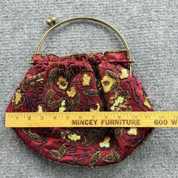 VTG Red Sequin Beaded Purse Metal Handle Kisslock Fairycore Steampunk Artsy boho - Picture 4 of 16